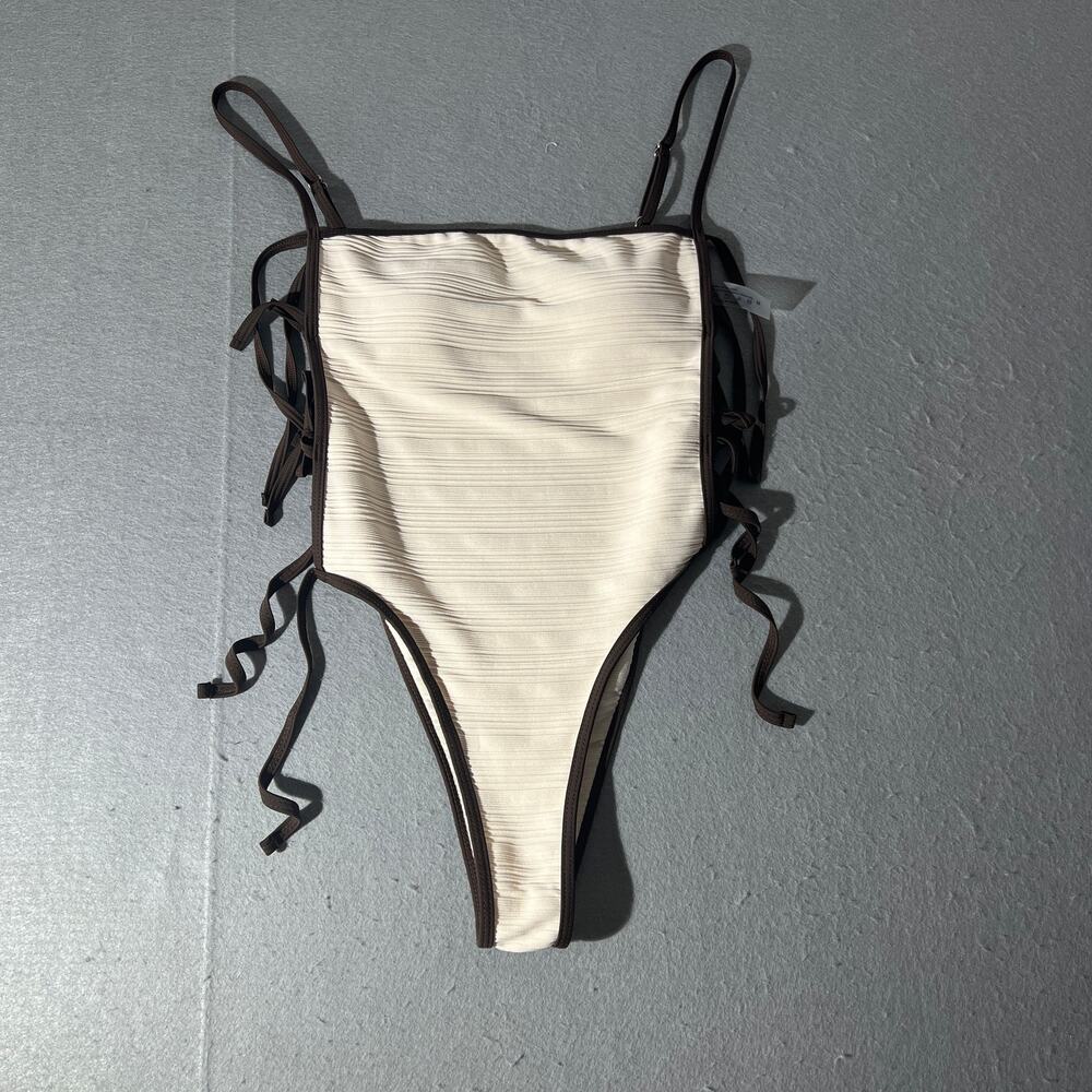 Women’s Cream Brown Ribbed Lace-Up Side One Piece Swimsuit Size M High Cut